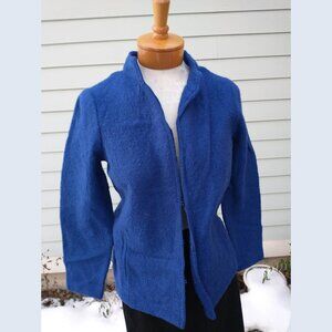 Cardigan: Merino, navy, hook & eye closure. Size petite small, by Jones New York